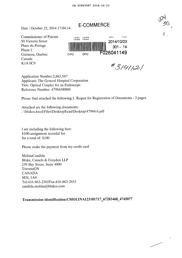 Document de brevet canadien 2863587. Cession 20141023. Image 1 de 4
