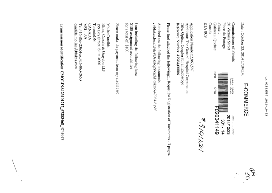 Canadian Patent Document 2863587. Assignment 20141023. Image 1 of 4