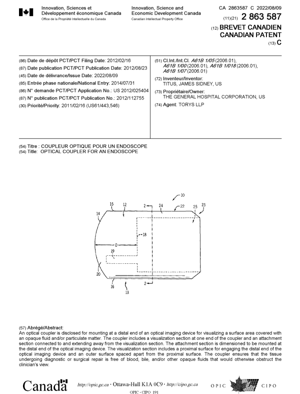 Document de brevet canadien 2863587. Page couverture 20220715. Image 1 de 1