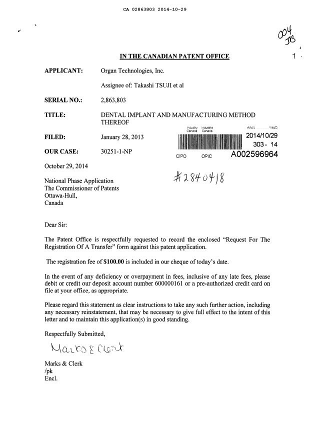 Document de brevet canadien 2863803. Cession 20141029. Image 1 de 5