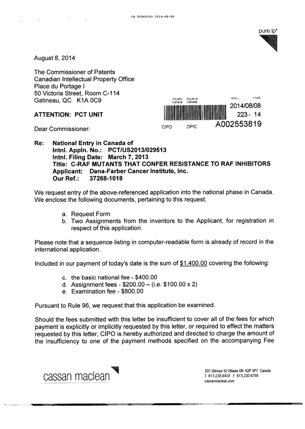 Document de brevet canadien 2864169. Cession 20140808. Image 1 de 11