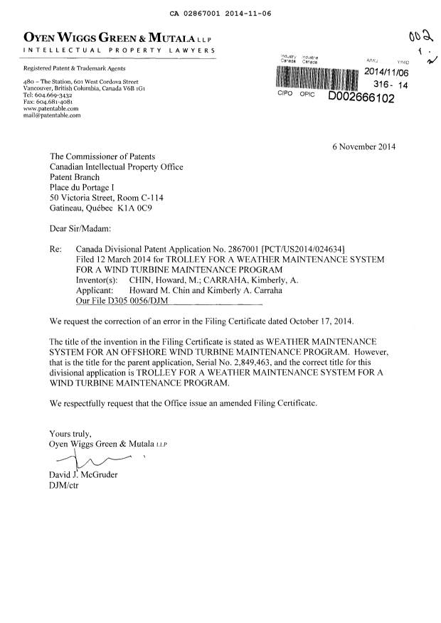Canadian Patent Document 2867001. Correspondence 20141106. Image 1 of 1