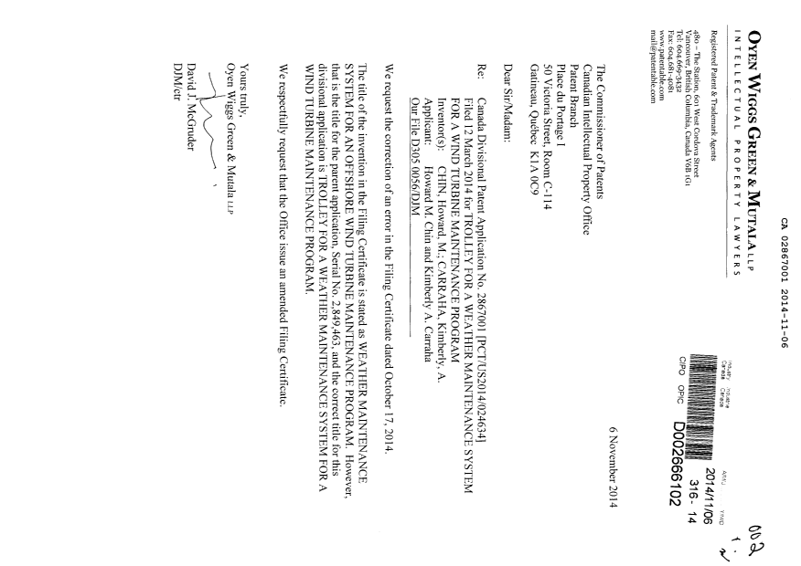 Document de brevet canadien 2867001. Correspondance 20141106. Image 1 de 1