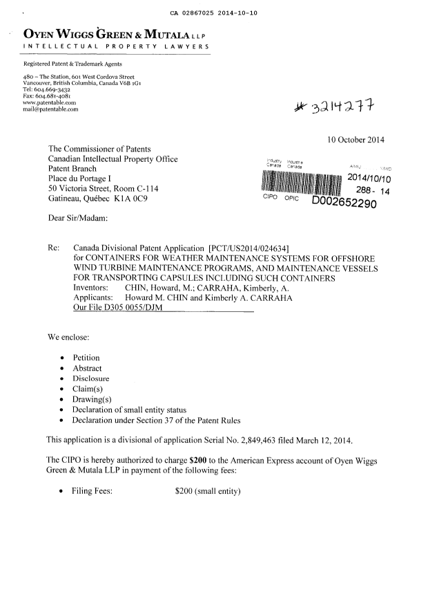 Document de brevet canadien 2867025. Cession 20141010. Image 1 de 6