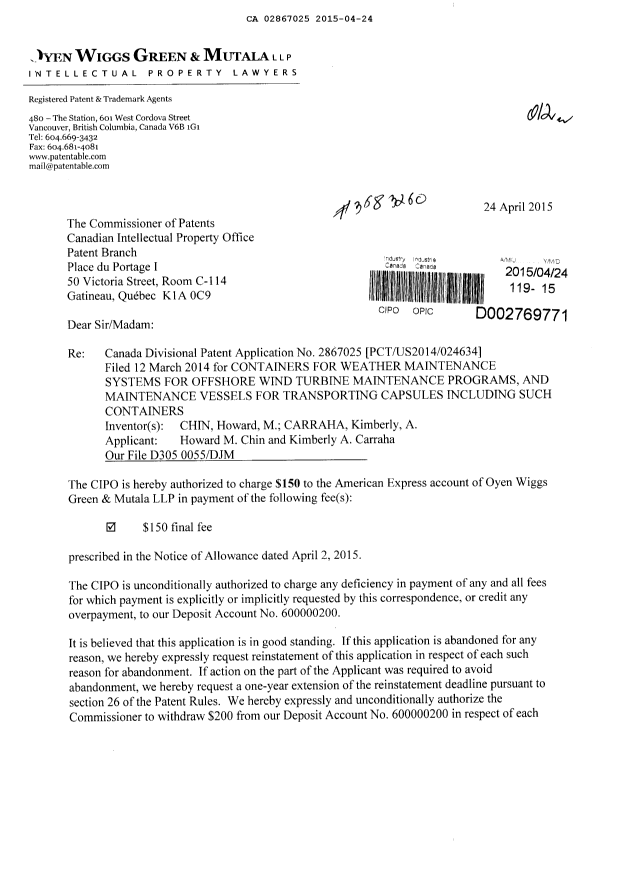 Document de brevet canadien 2867025. Correspondance 20150424. Image 1 de 2