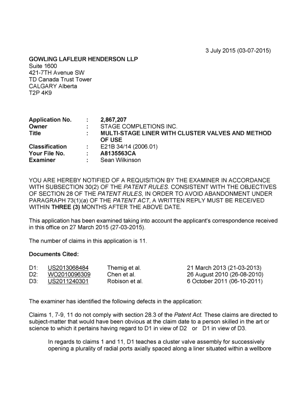 Canadian Patent Document 2867207. Examiner Requisition 20150703. Image 1 of 4
