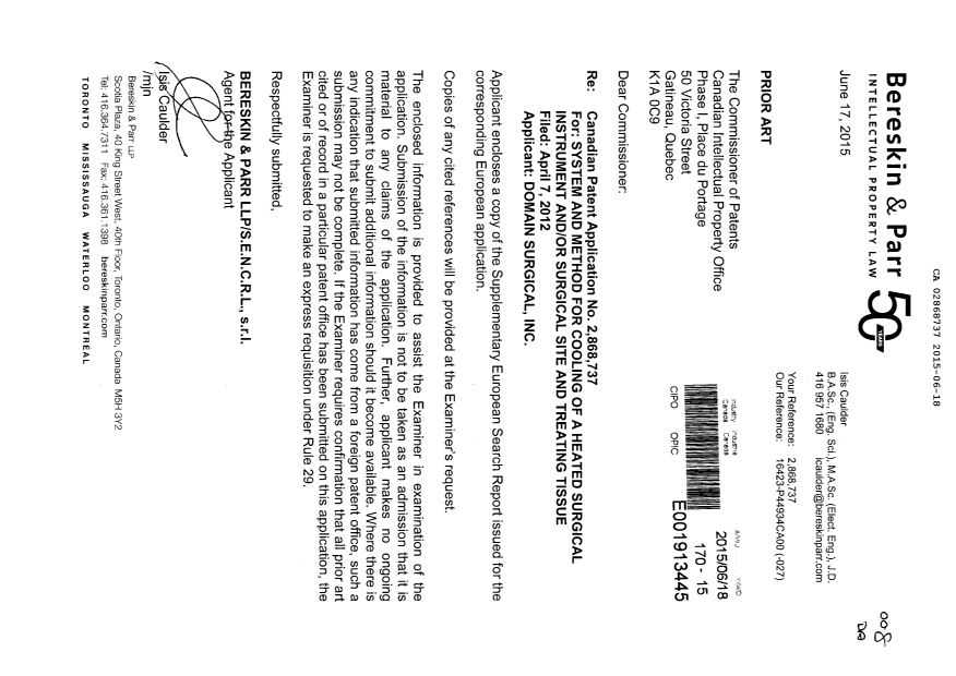 Document de brevet canadien 2868737. Modification 20150618. Image 1 de 1