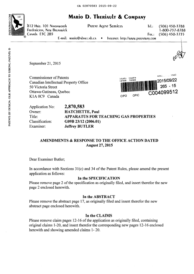 Document de brevet canadien 2870583. Modification 20150922. Image 1 de 9