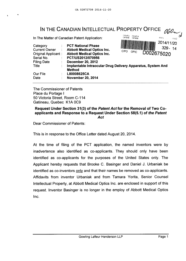 Canadian Patent Document 2872708. Correspondence 20141120. Image 1 of 4
