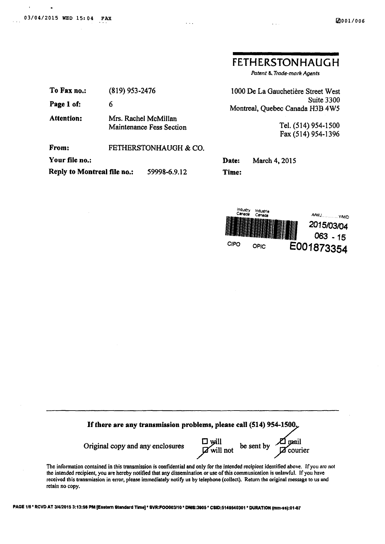 Document de brevet canadien 2877889. Correspondance 20141204. Image 2 de 3