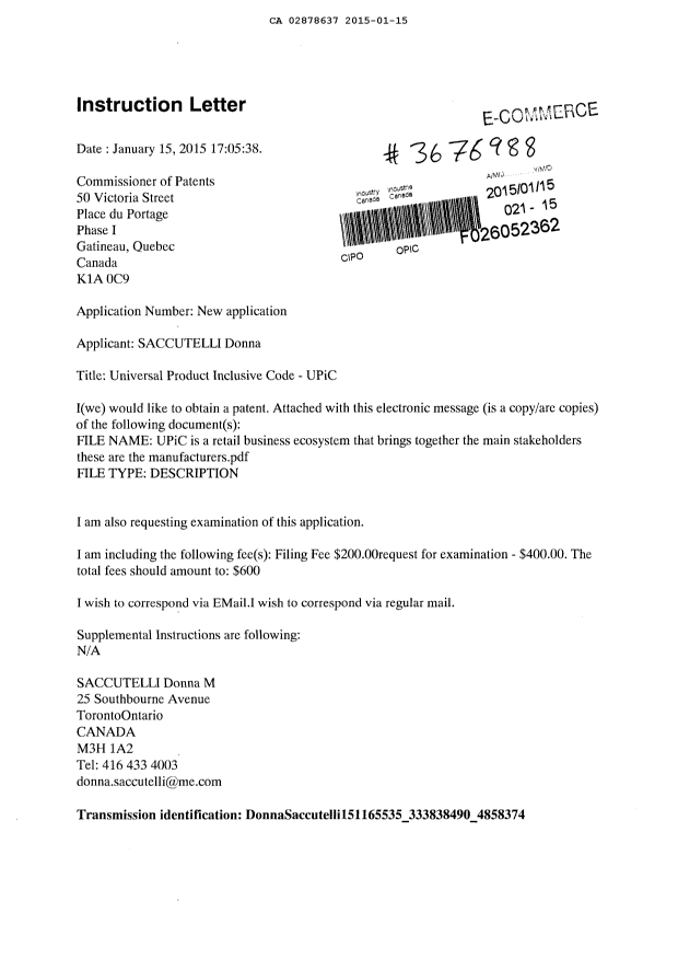 Document de brevet canadien 2878637. Cession 20150115. Image 1 de 3