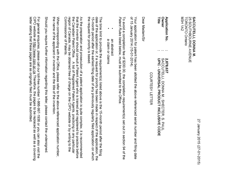 Canadian Patent Document 2878637. Correspondence 20150127. Image 1 of 2