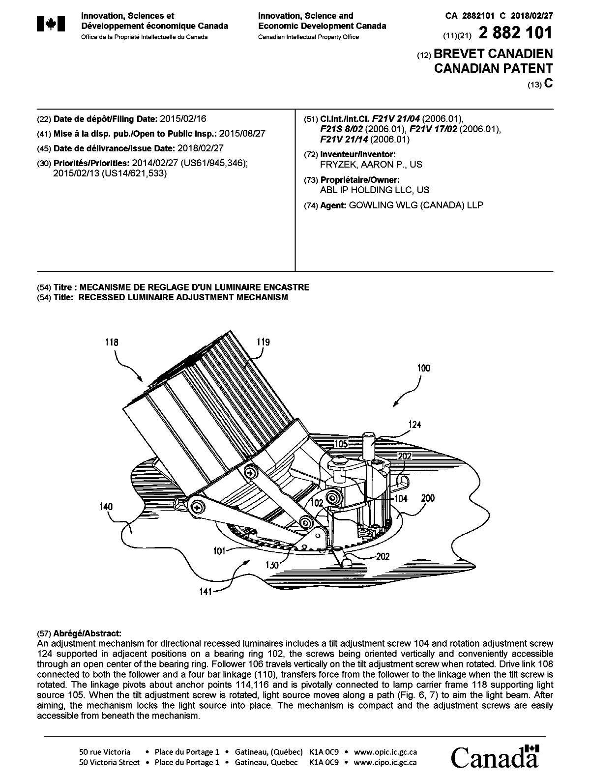 Document de brevet canadien 2882101. Page couverture 20180202. Image 1 de 1