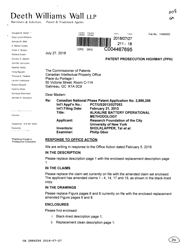 Canadian Patent Document 2886256. Amendment 20180727. Image 1 of 20