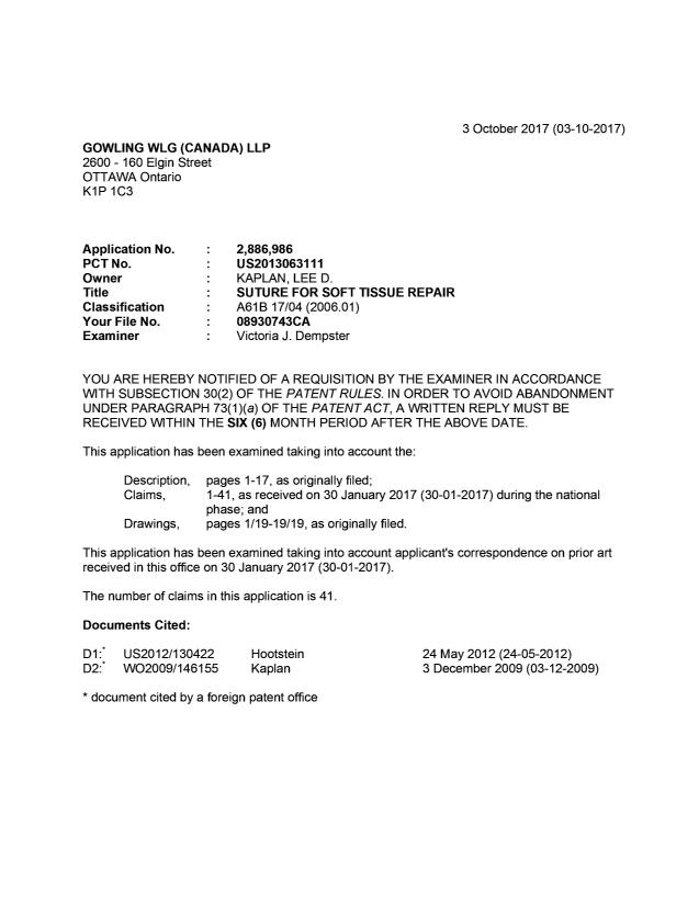 Canadian Patent Document 2886986. Examiner Requisition 20171003. Image 1 of 4