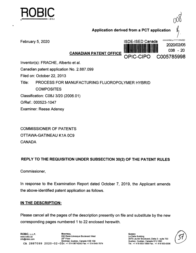 Canadian Patent Document 2887099. Amendment 20200205. Image 1 of 37