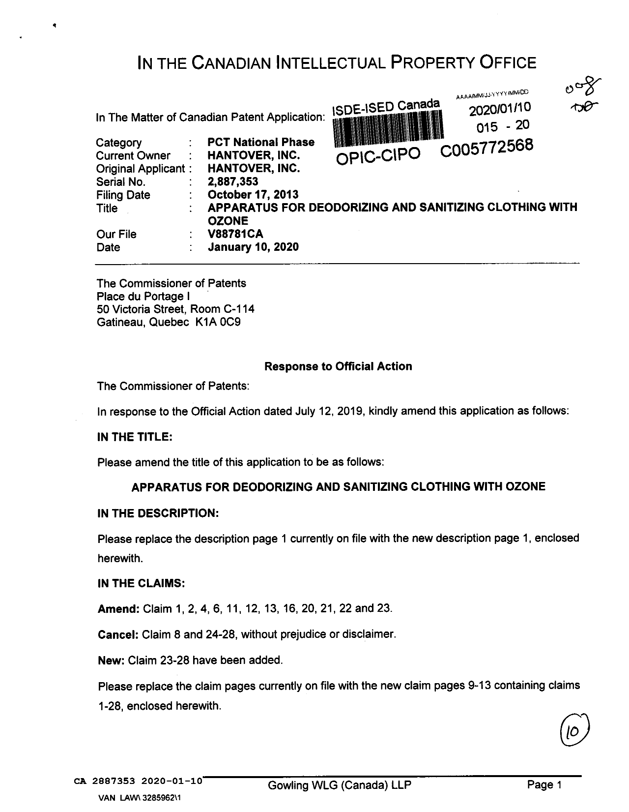 Canadian Patent Document 2887353. Amendment 20200110. Image 1 of 10