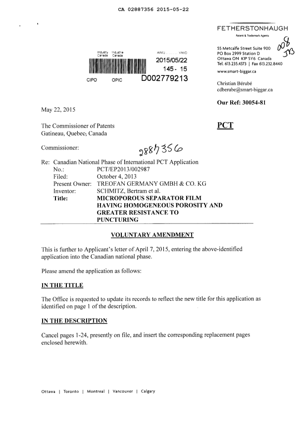 Canadian Patent Document 2887356. Prosecution-Amendment 20141222. Image 1 of 35