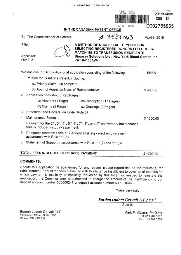 Canadian Patent Document 2887401. Assignment 20150408. Image 1 of 5