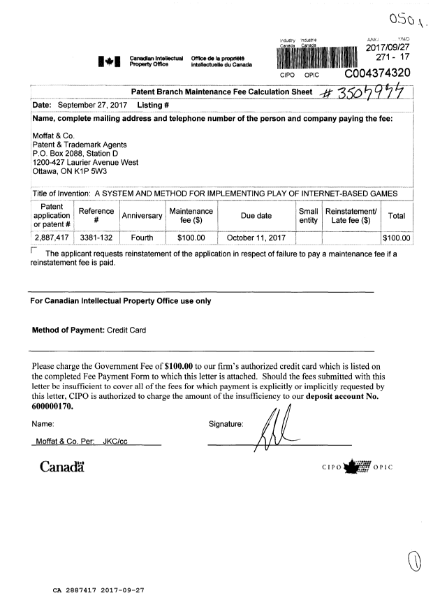 Canadian Patent Document 2887417. Maintenance Fee Payment 20170927. Image 1 of 1