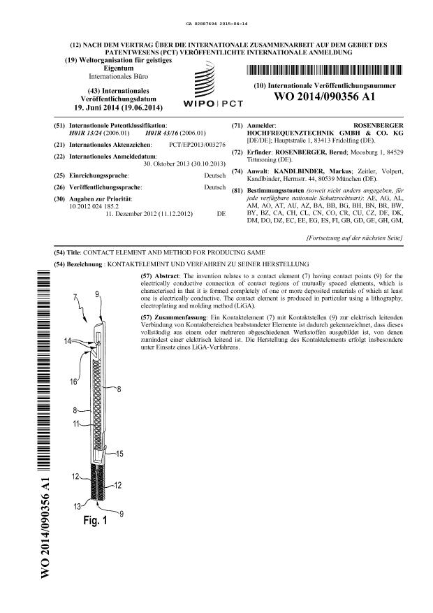 Document de brevet canadien 2887694. Abrégé 20150414. Image 1 de 2