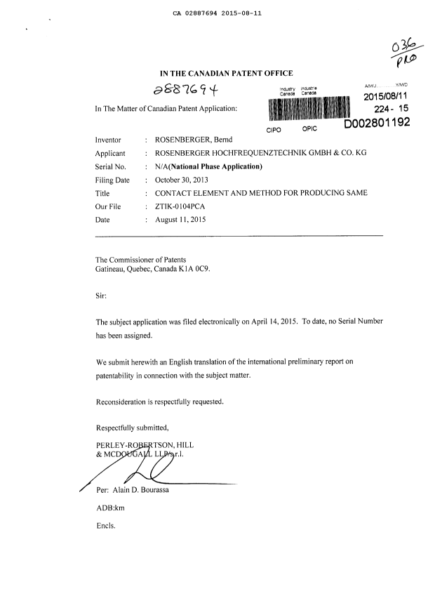 Document de brevet canadien 2887694. Rapport d'examen préliminaire international 20150811. Image 1 de 1