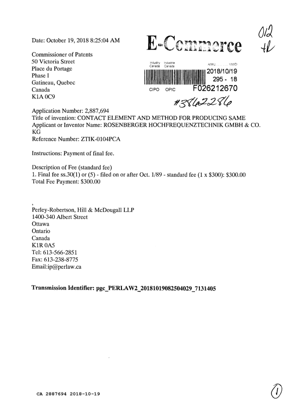 Document de brevet canadien 2887694. Taxe finale 20181019. Image 1 de 1