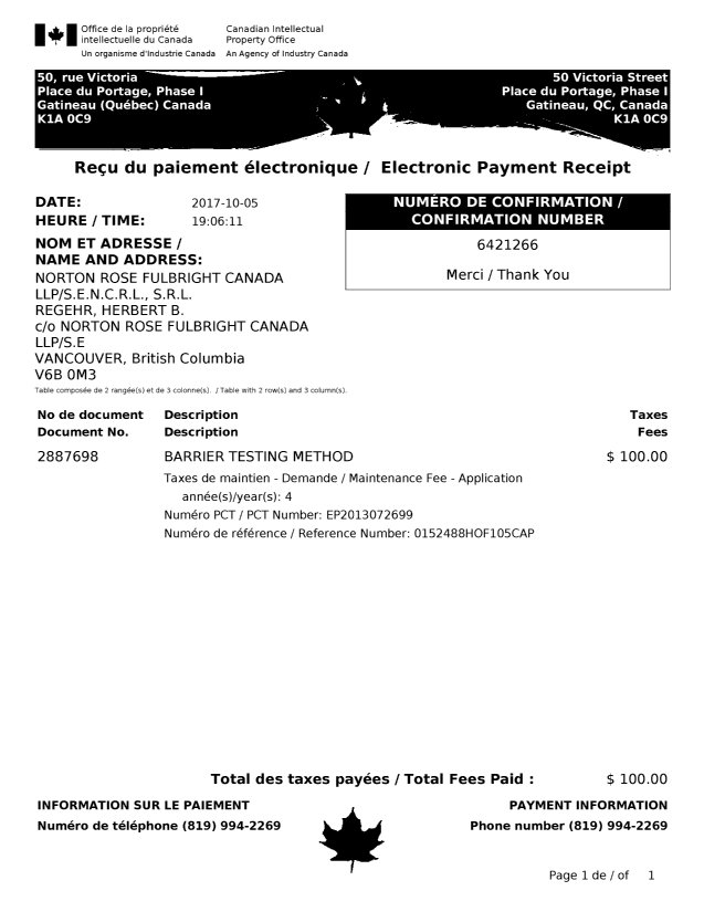 Document de brevet canadien 2887698. Paiement de taxe périodique 20171005. Image 1 de 1