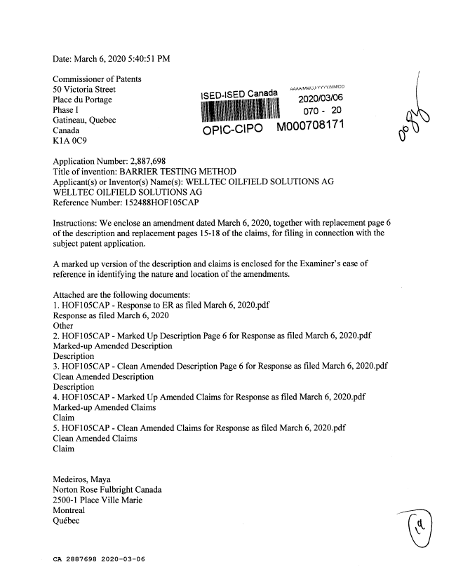Document de brevet canadien 2887698. Modification 20200306. Image 1 de 19