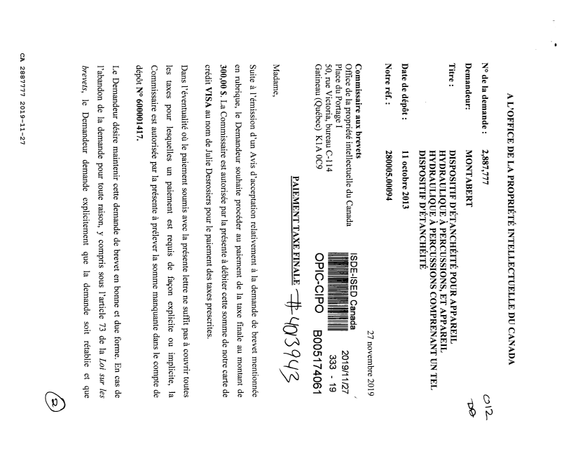 Document de brevet canadien 2887777. Taxe finale 20191127. Image 1 de 2