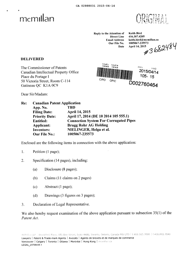 Document de brevet canadien 2888031. Cession 20150414. Image 1 de 4