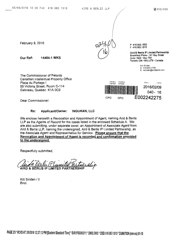 Canadian Patent Document 2888458. Correspondence 20160209. Image 1 of 5