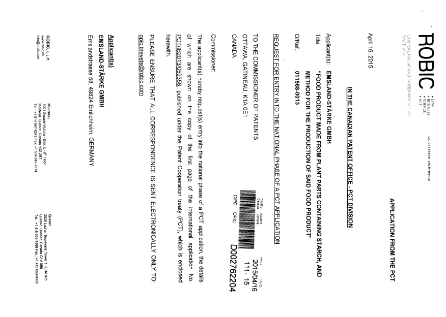 Canadian Patent Document 2888608. Assignment 20150416. Image 1 of 5