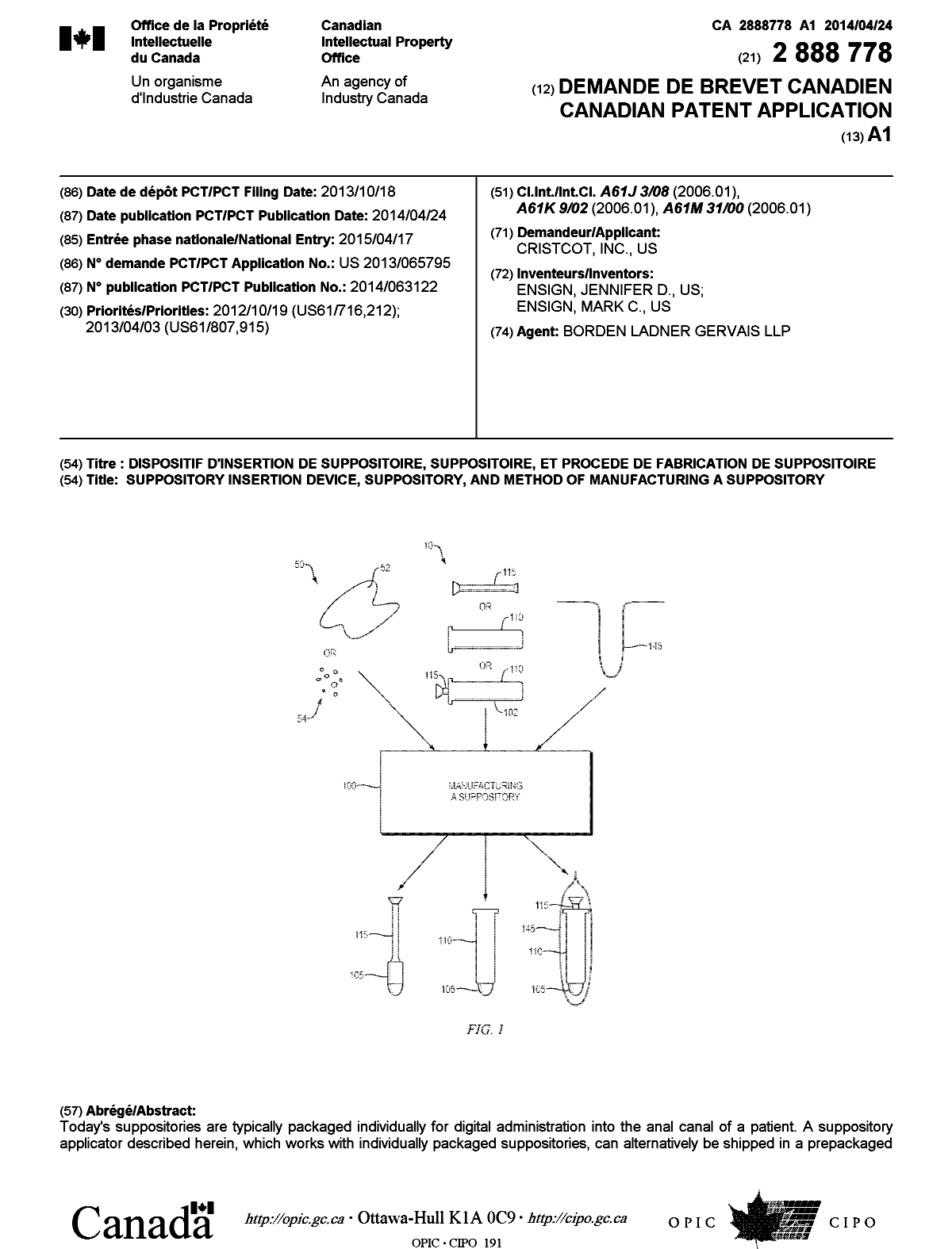 Canadian Patent Document 2888778. Cover Page 20141215. Image 1 of 2