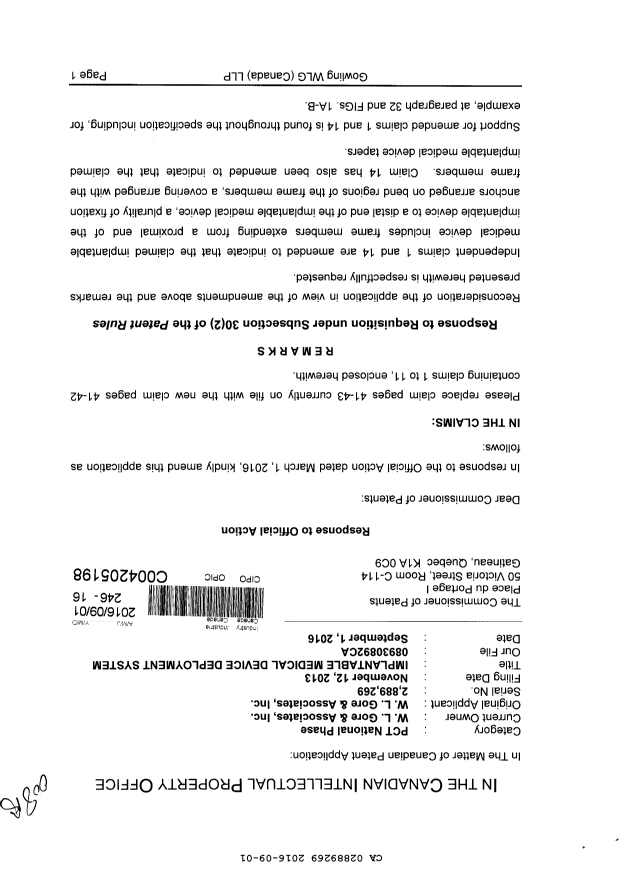 Document de brevet canadien 2889269. Poursuite-Amendment 20151201. Image 1 de 5