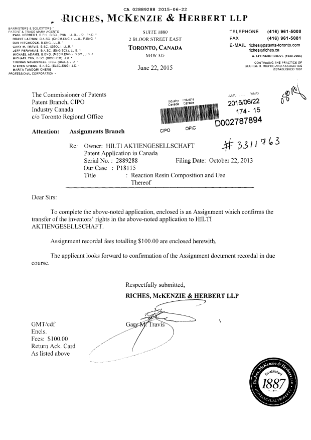 Canadian Patent Document 2889288. Maintenance Fee Payment 20150622. Image 1 of 3