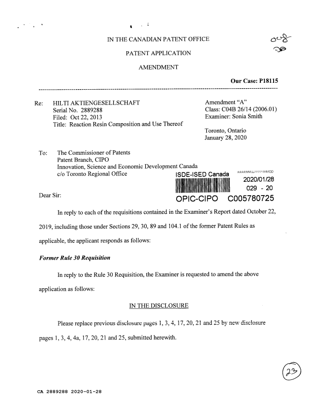Canadian Patent Document 2889288. Amendment 20200128. Image 1 of 23