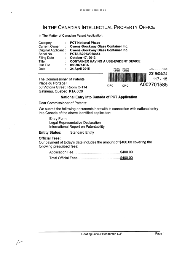 Document de brevet canadien 2889444. Cession 20150424. Image 1 de 5