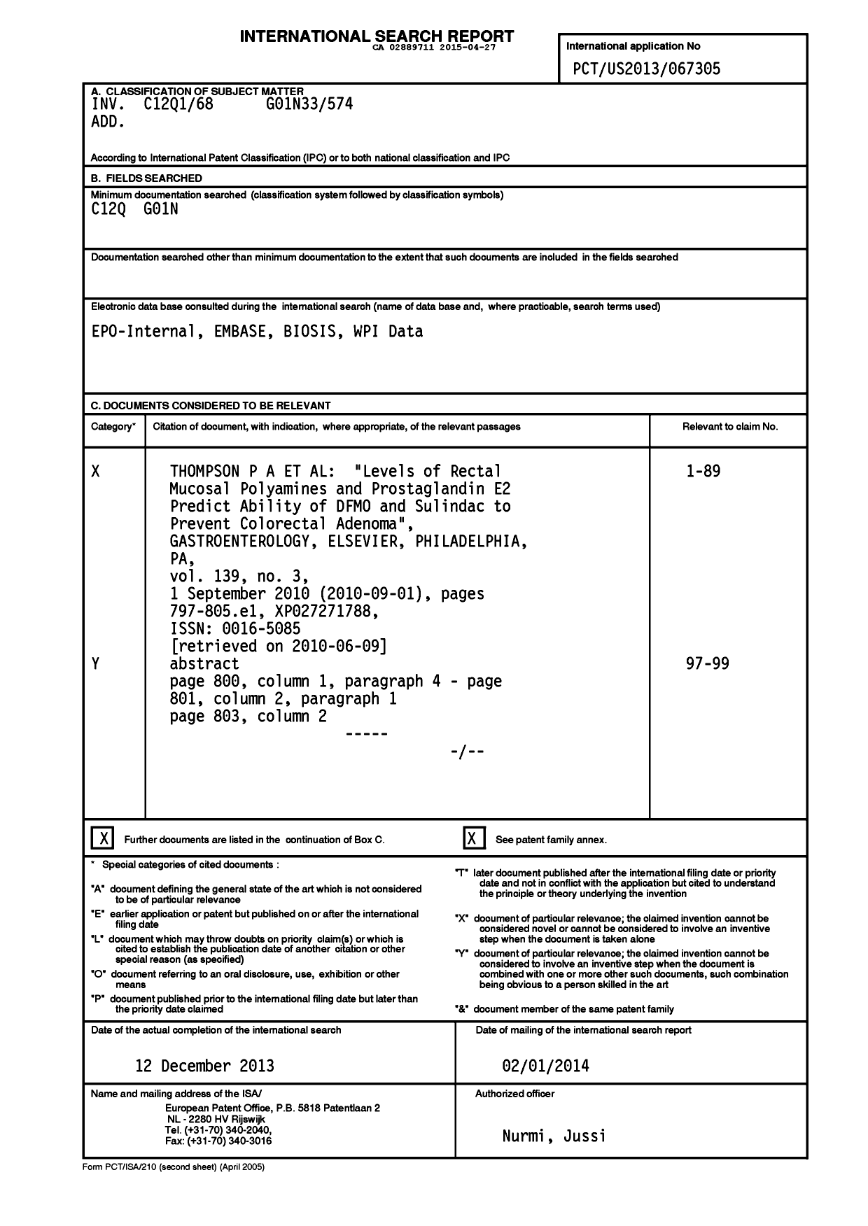 Document de brevet canadien 2889711. PCT 20141227. Image 1 de 3