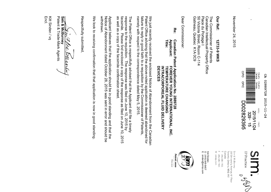 Document de brevet canadien 2889728. Correspondance 20141224. Image 1 de 5
