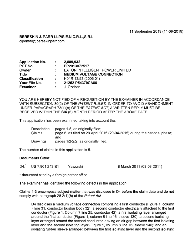 Document de brevet canadien 2889932. Demande d'examen 20190911. Image 1 de 4