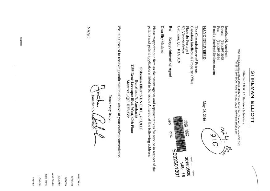 Document de brevet canadien 2890039. Correspondance 20151226. Image 1 de 16