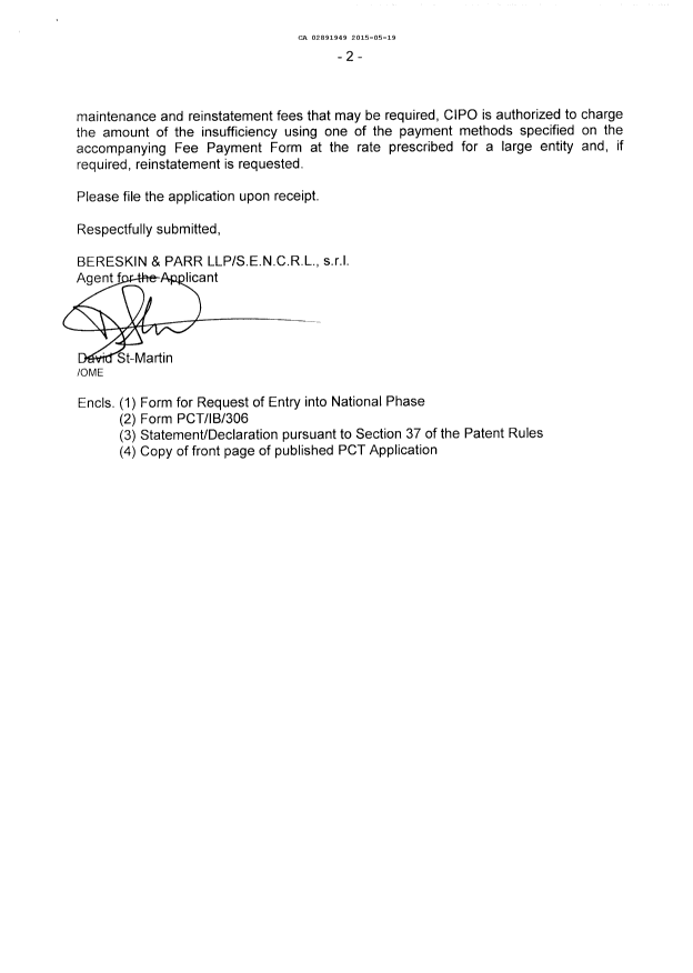 Document de brevet canadien 2891949. Cession 20150519. Image 2 de 5