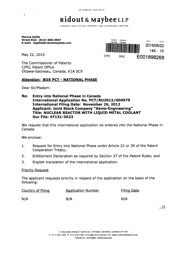 Canadian Patent Document 2892392. Assignment 20150522. Image 1 of 5