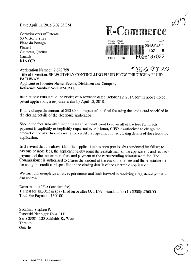 Canadian Patent Document 2892758. Final Fee 20180411. Image 1 of 2