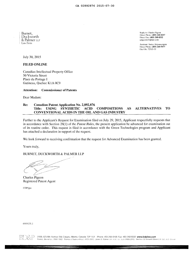 Document de brevet canadien 2892876. Ordonnance spéciale 20150730. Image 2 de 3