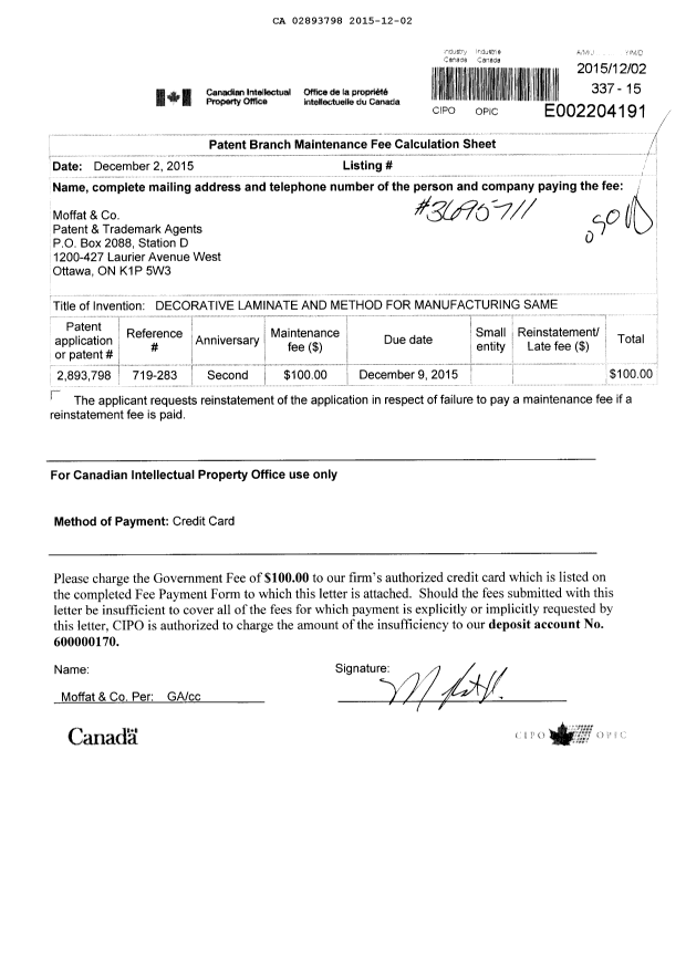Canadian Patent Document 2893798. Maintenance Fee Payment 20151202. Image 1 of 1