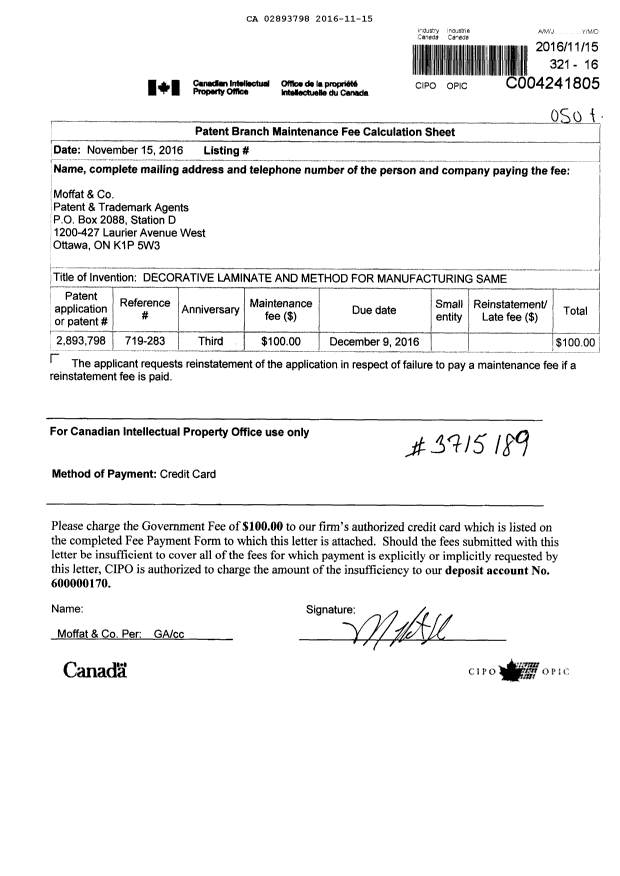 Canadian Patent Document 2893798. Maintenance Fee Payment 20161115. Image 1 of 1