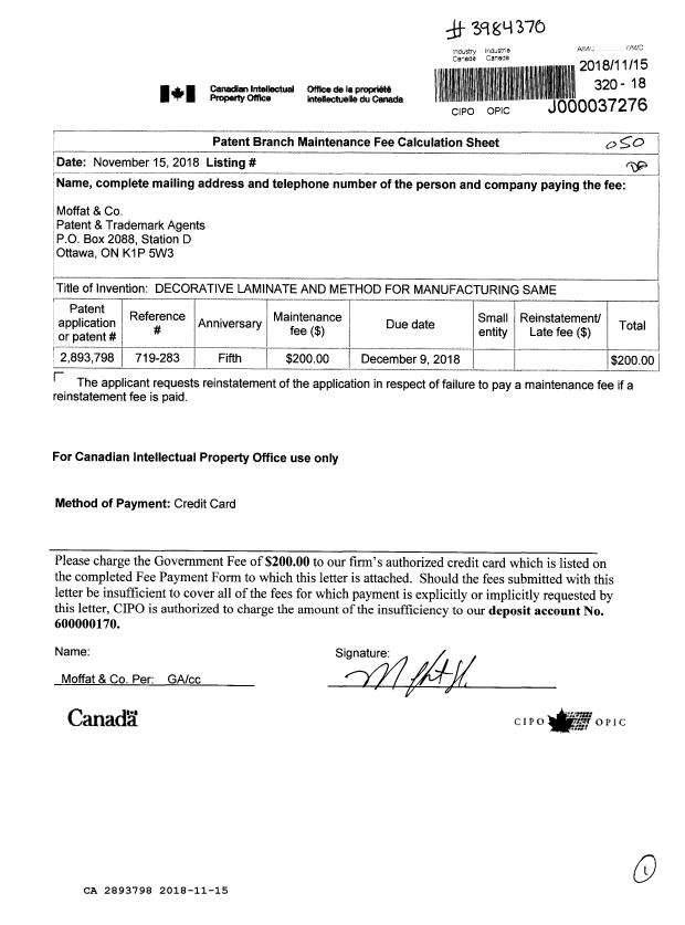 Canadian Patent Document 2893798. Maintenance Fee Payment 20181115. Image 1 of 1