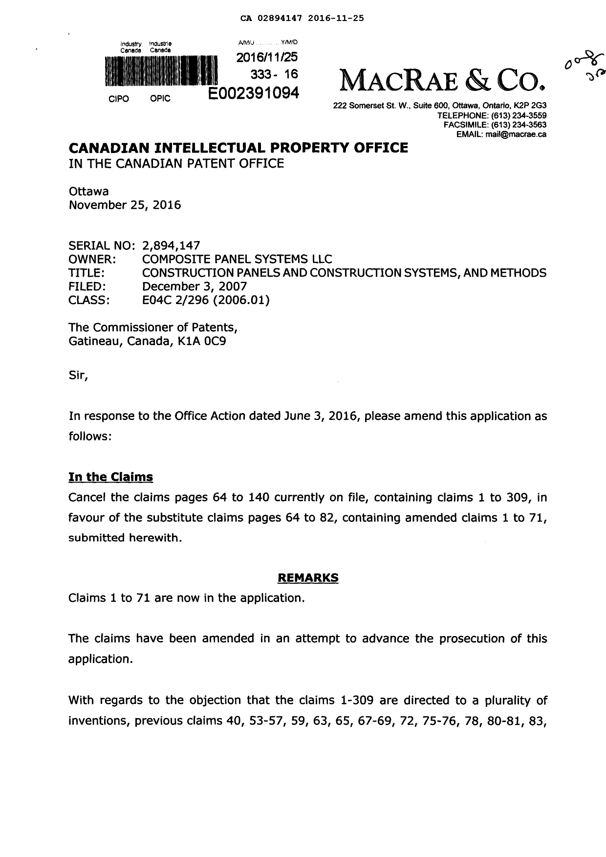 Document de brevet canadien 2894147. Modification 20161125. Image 1 de 21